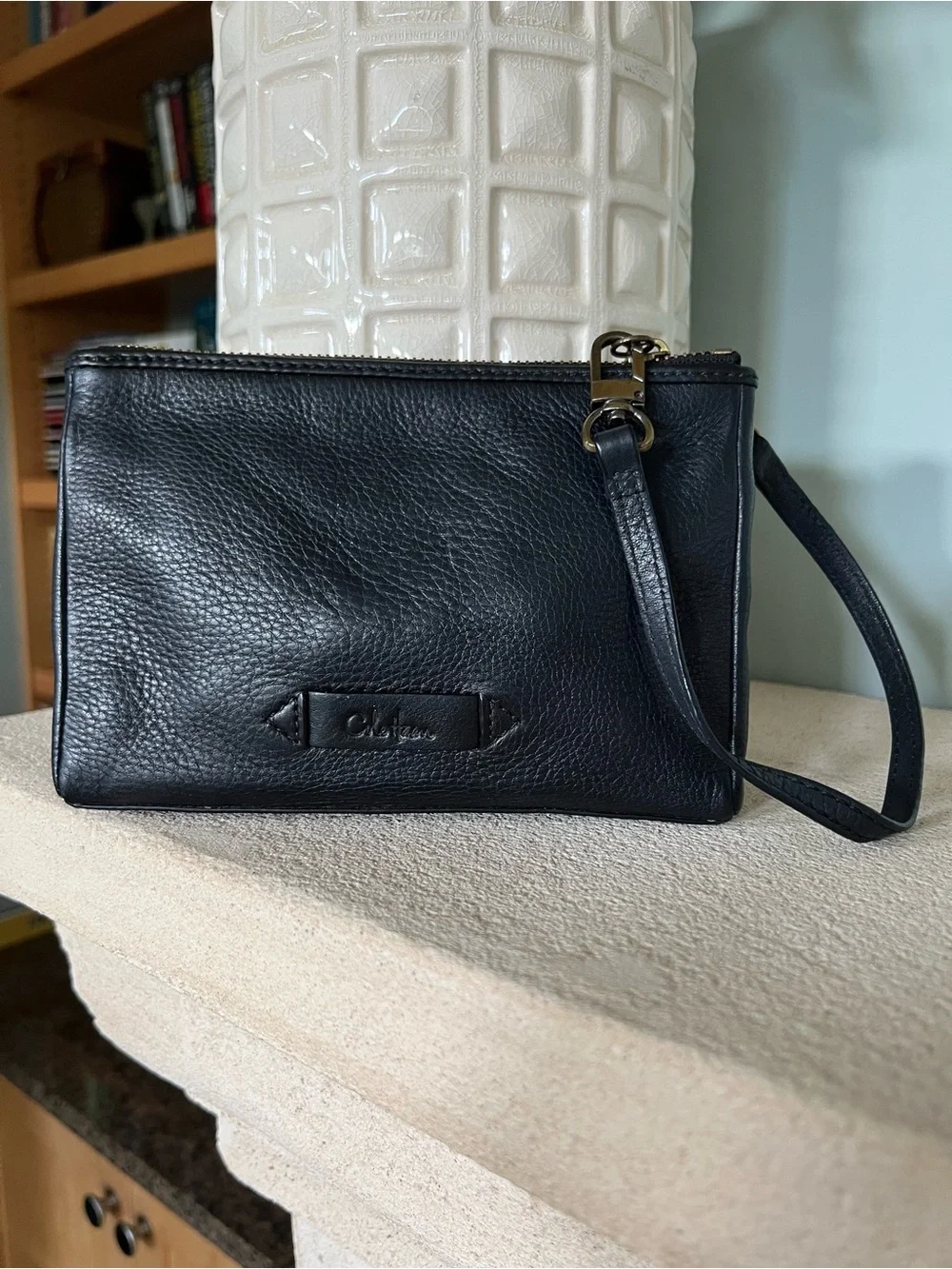 Black Leather Wristlet Clutch with Detachable Strap
